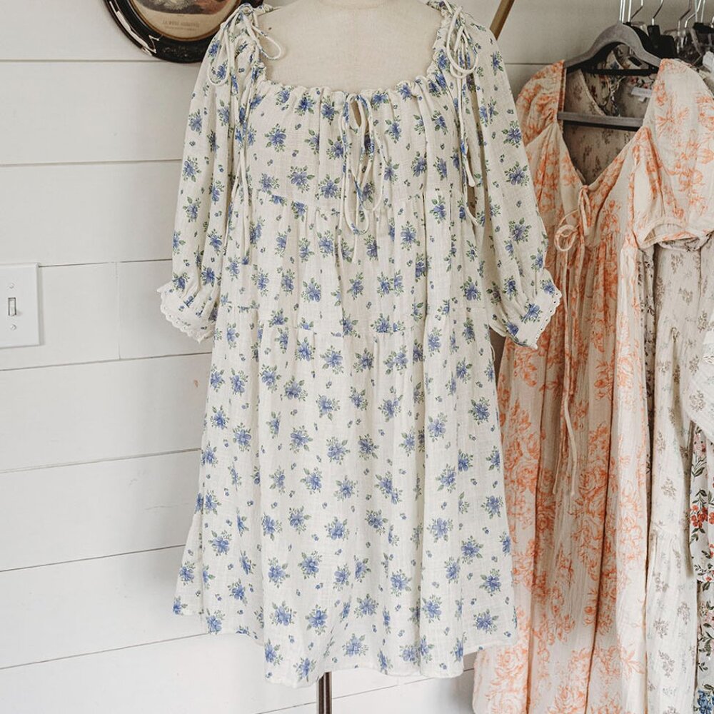 Olivaceous White and Blue Floral Dress
